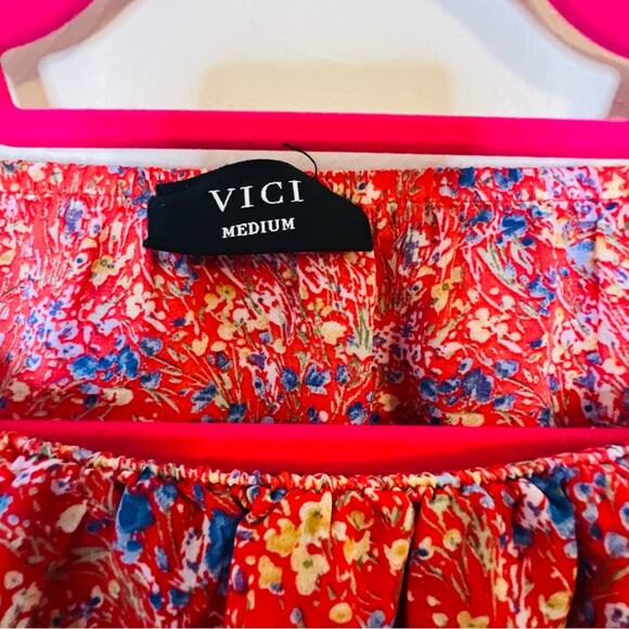 VICI Women's Santana Floral Tiered Off Shoulder Midi Dress Sz Medium Red Boho - Picture 11 of 13